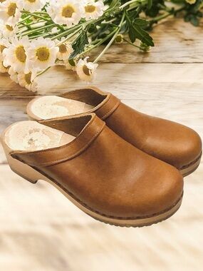 Sven OG Swedish Clog Brown Leather Low Wooden Heel Open Back Size-EU 38/US 7.5-8